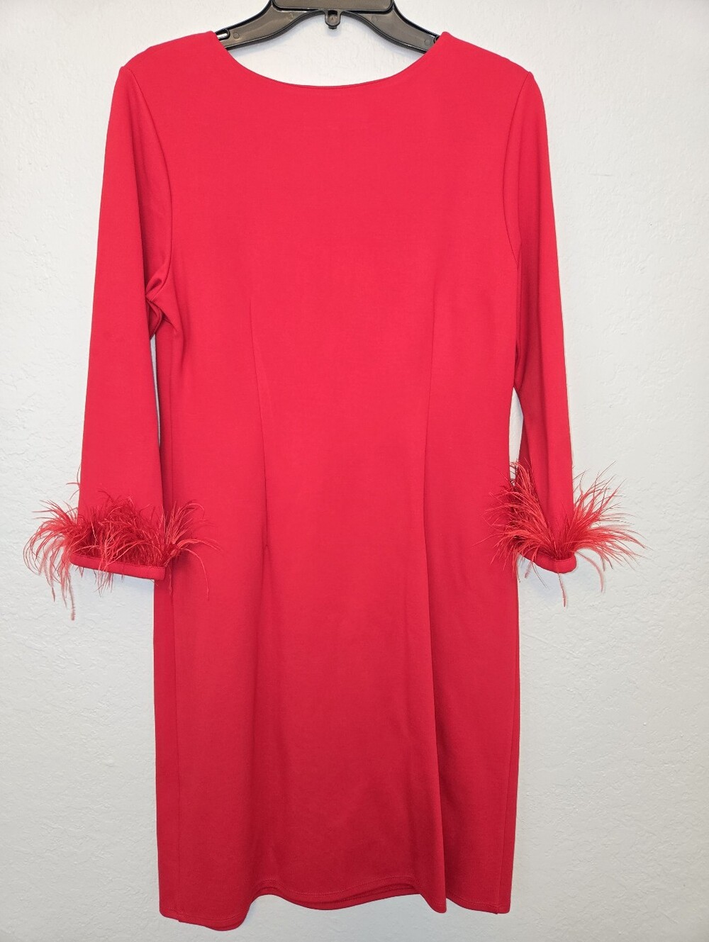 Jude Connally Franca Dress, Vibrant Red Feather-Cuff 3/4 Sleeves - Picture 3 of 5